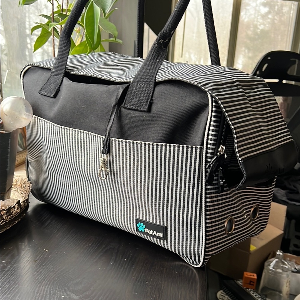 Black and White Striped pet carrier